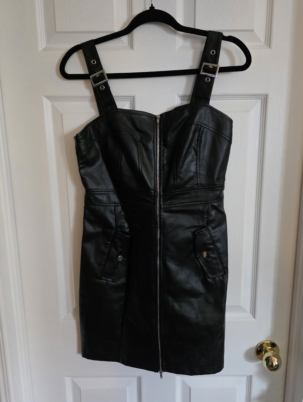 SHEIN X Black Faux Leather Zip-Front Mini Dress